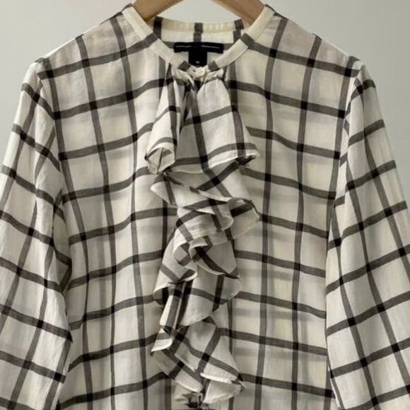Black and White Plaid Ruffle Front Blouse - Picture 2 of 3